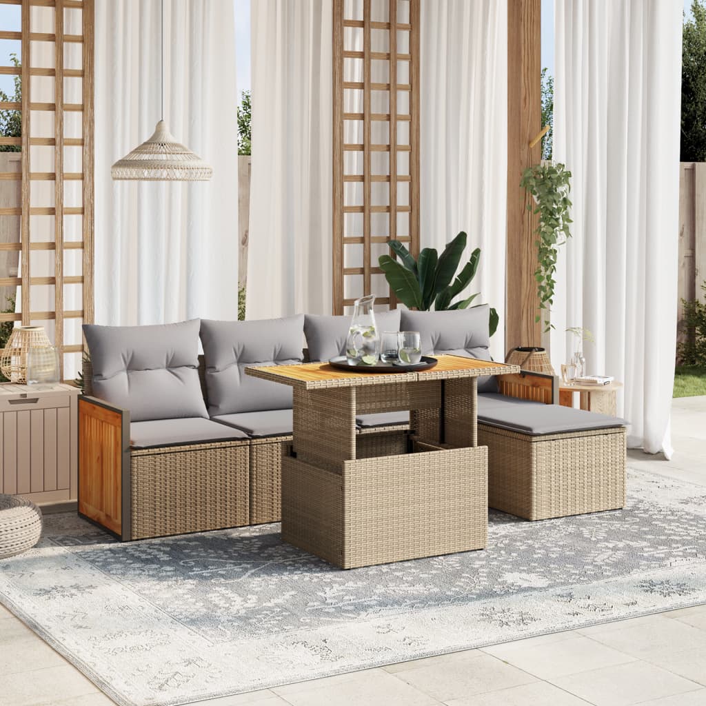 6-piece garden sofa set with cushions, beige poly rattan