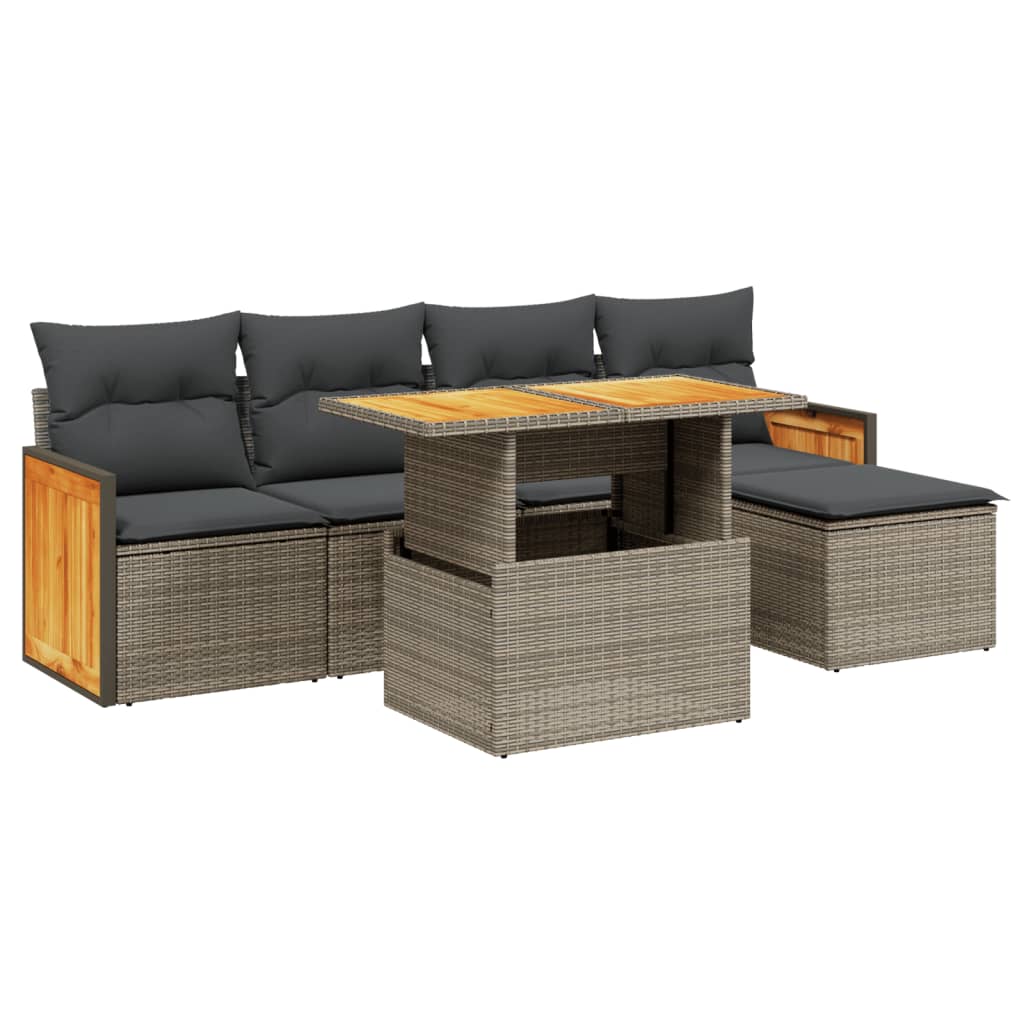 6-piece garden sofa set with cushions, grey poly rattan