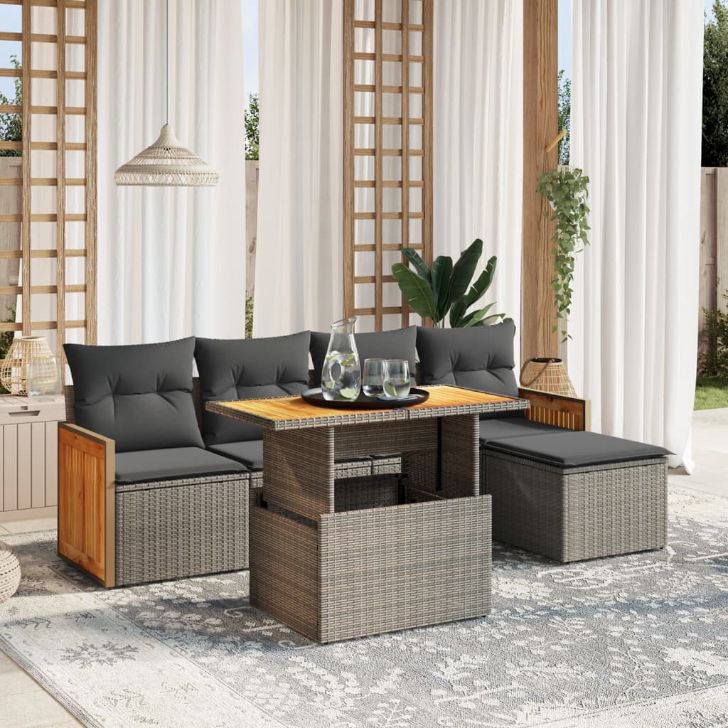 6-piece garden sofa set with cushions, grey poly rattan