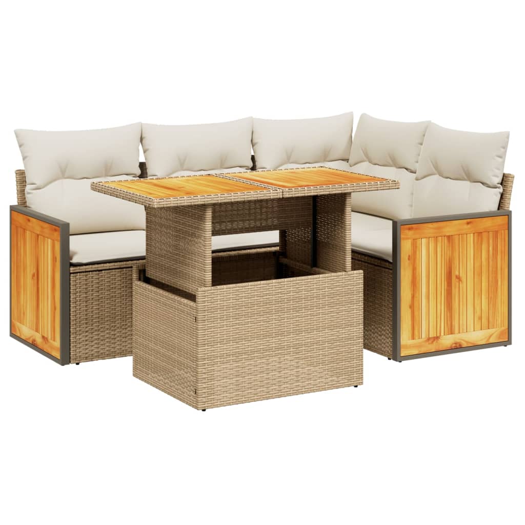5-piece garden sofa set with cushions, beige poly rattan