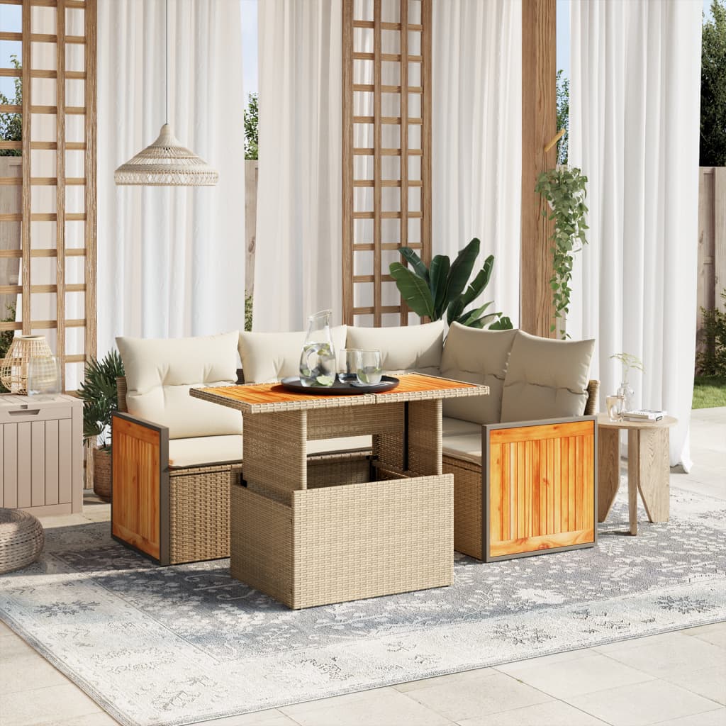 5-piece garden sofa set with cushions, beige poly rattan