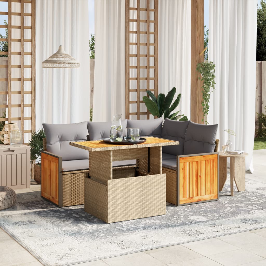 5-piece garden sofa set with cushions, beige poly rattan