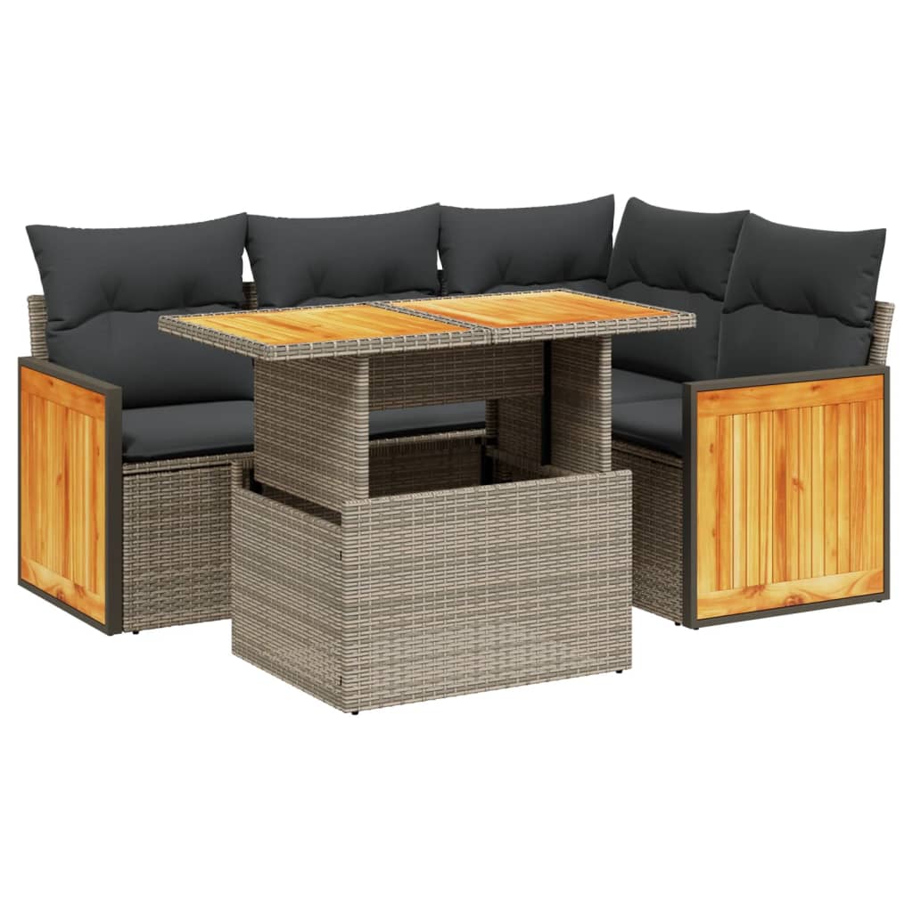5-piece garden sofa set with cushions, grey poly rattan