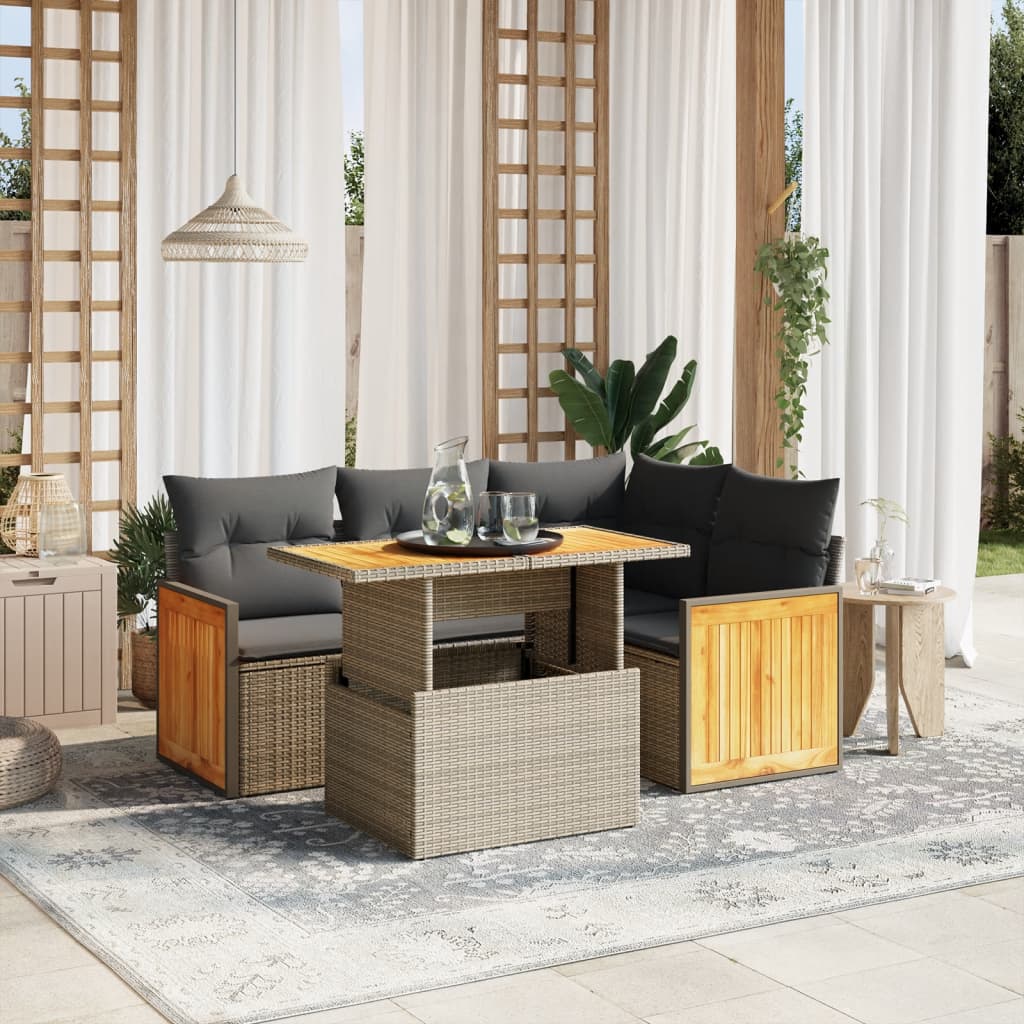 5-piece garden sofa set with cushions, grey poly rattan