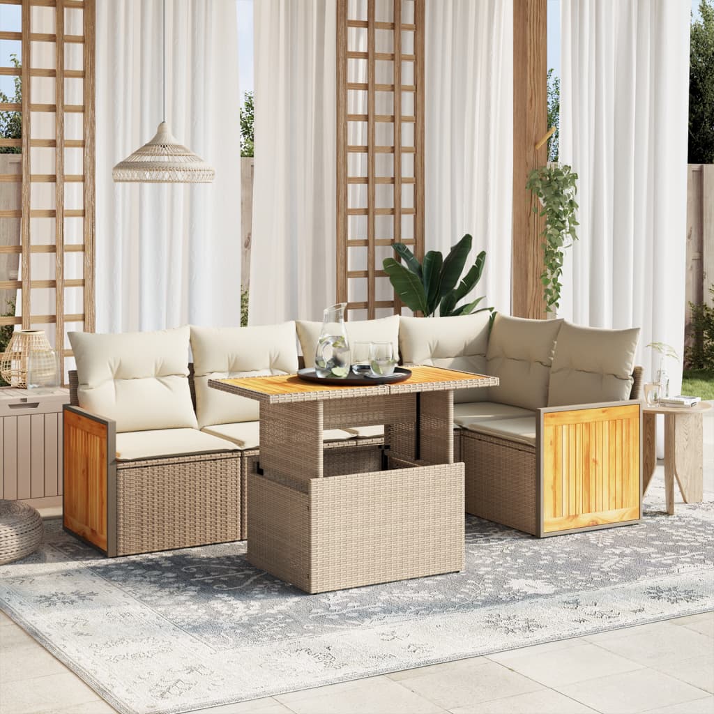 6-piece garden sofa set with cushions, beige poly rattan
