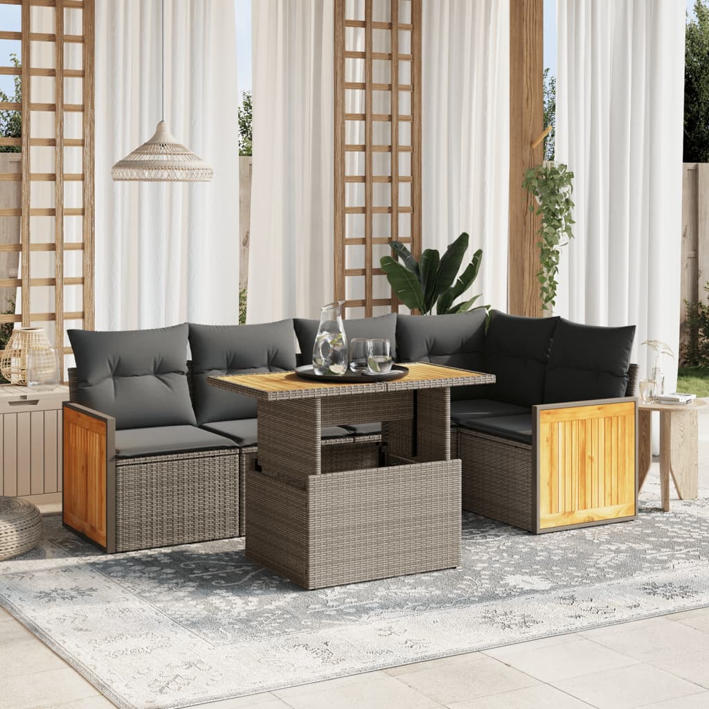 6-piece garden sofa set with cushions, beige poly rattan