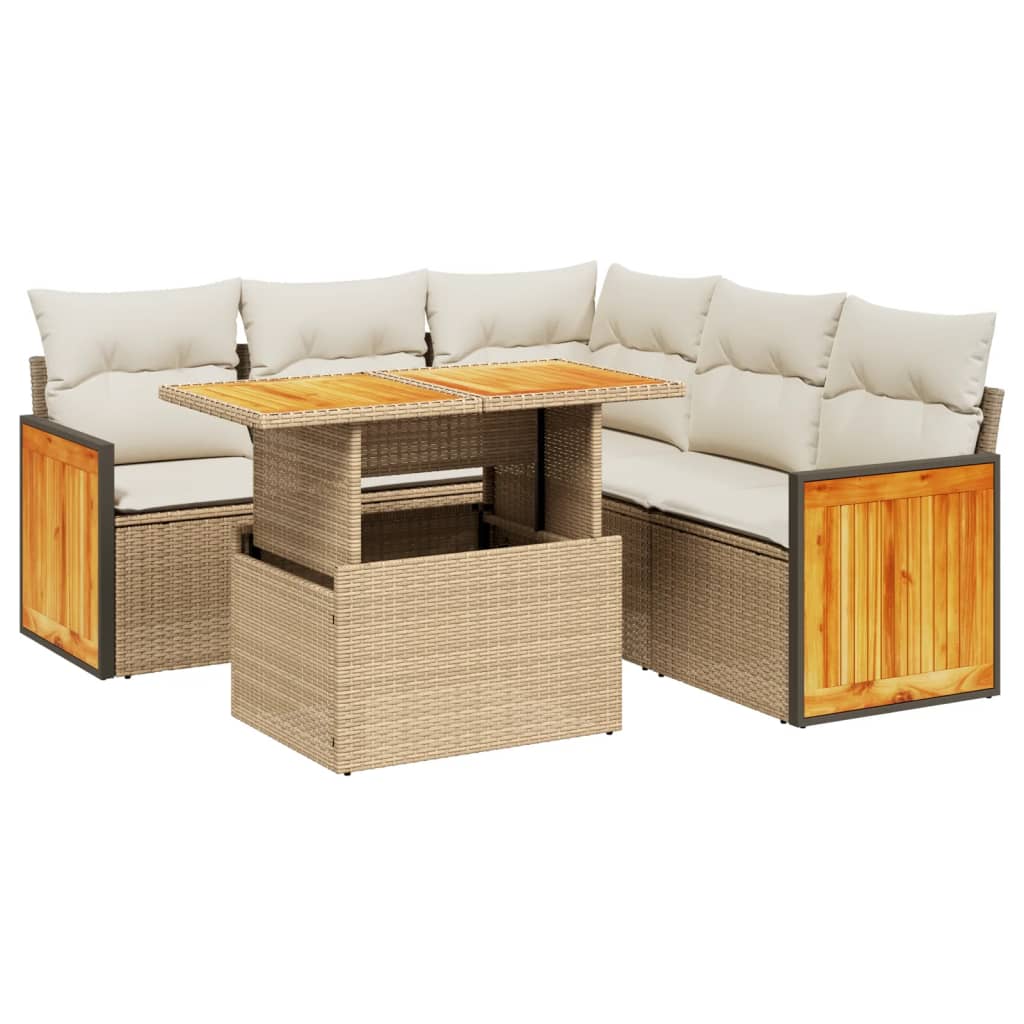 6-piece garden sofa set with cushions, beige poly rattan