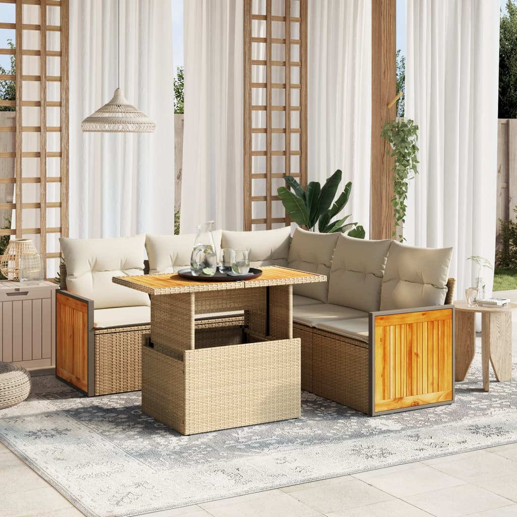 6-piece garden sofa set with cushions, beige poly rattan