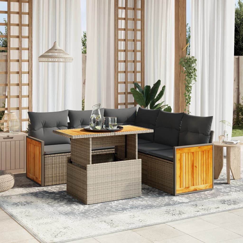 6-piece garden sofa set with cushions, beige poly rattan