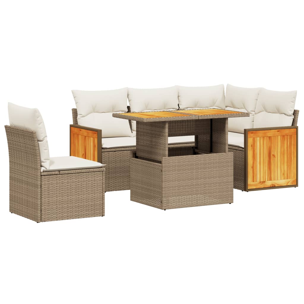 6-piece garden sofa set with cushions, beige poly rattan