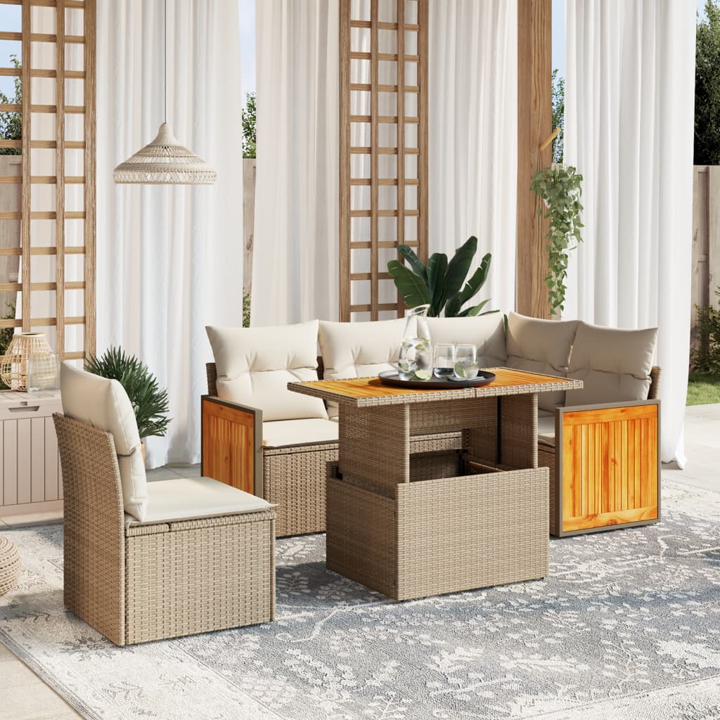 6-piece garden sofa set with cushions, beige poly rattan