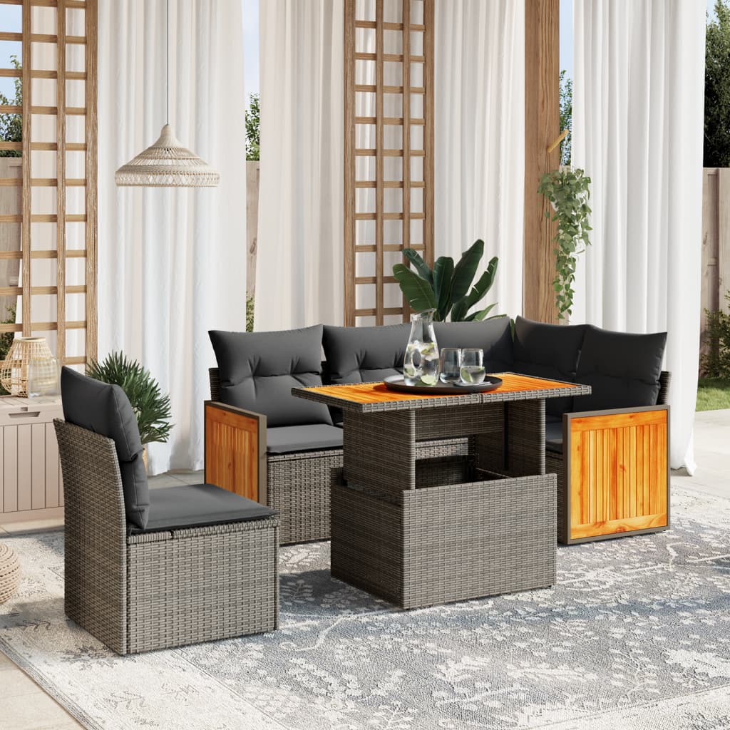 6-piece garden sofa set with cushions, beige poly rattan