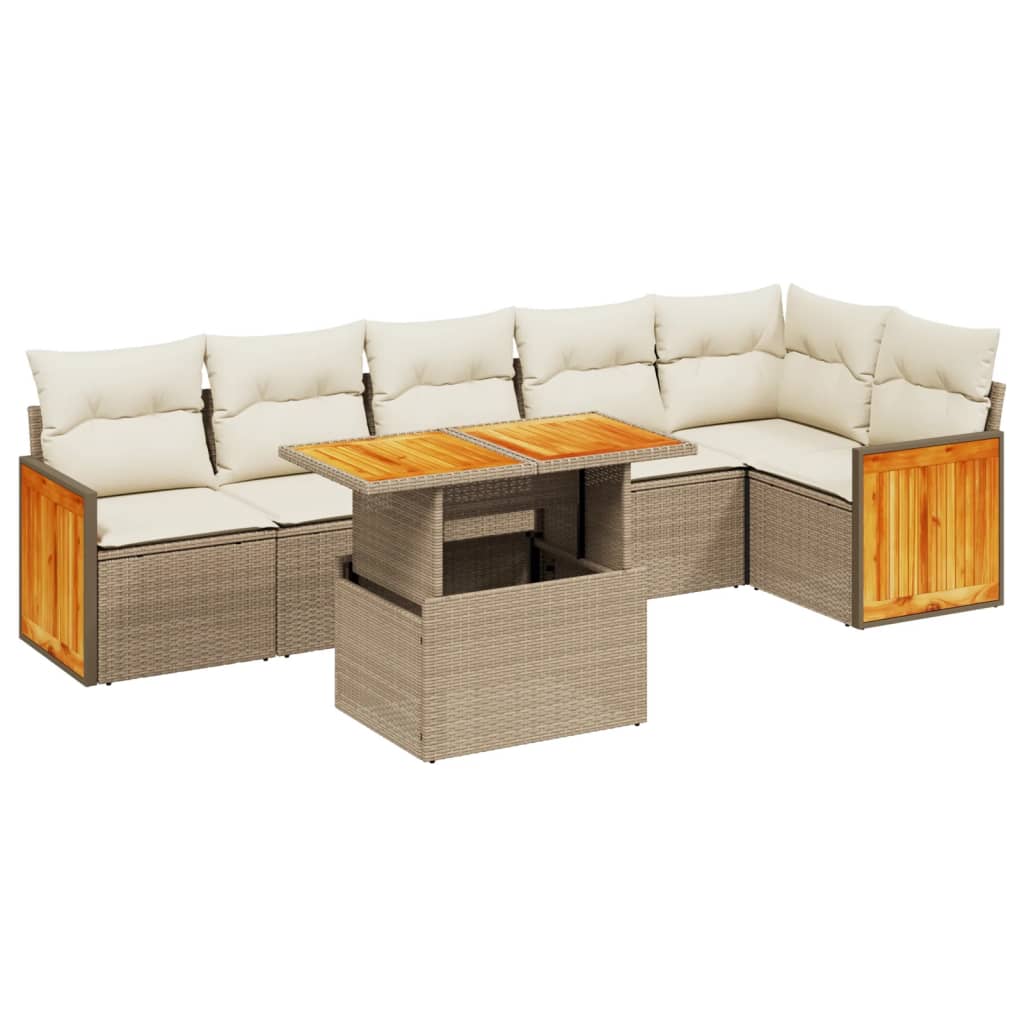 7-piece garden sofa set with cushions, beige poly rattan