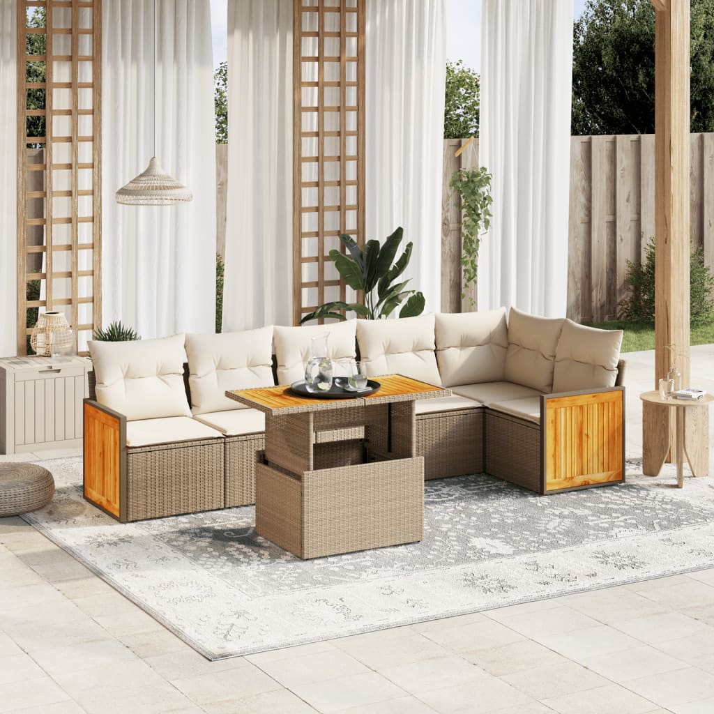 7-piece garden sofa set with cushions, beige poly rattan
