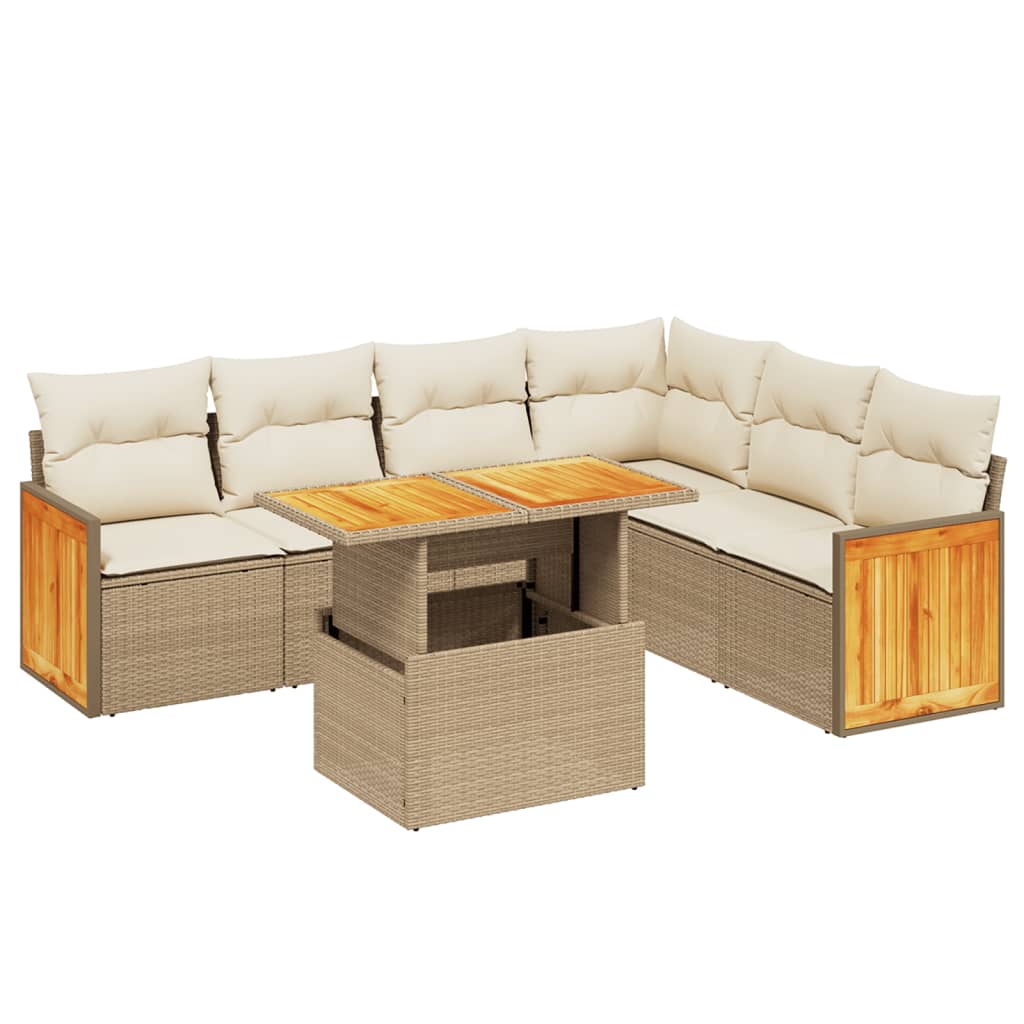 7-piece garden sofa set with cushions, beige poly rattan