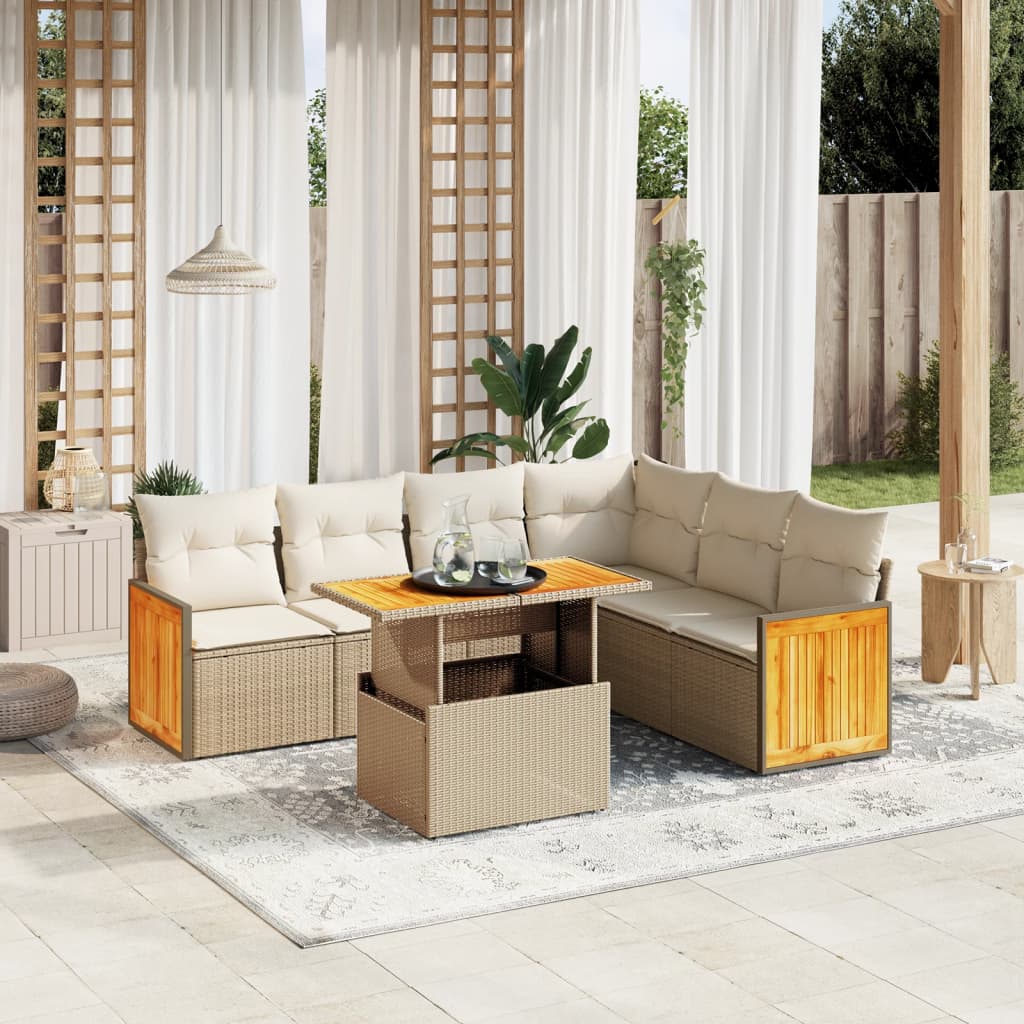 7-piece garden sofa set with cushions, beige poly rattan