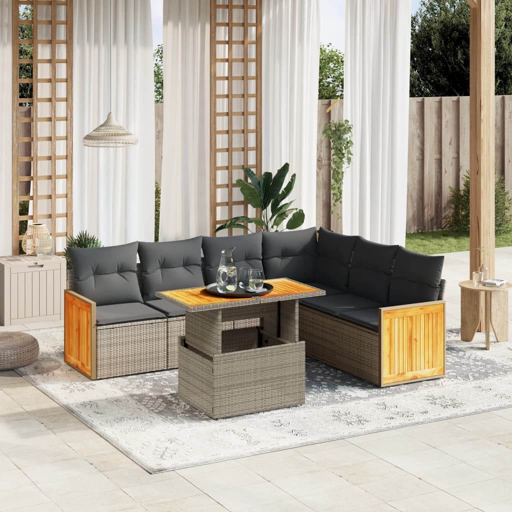 7-piece garden sofa set with cushions, grey poly rattan