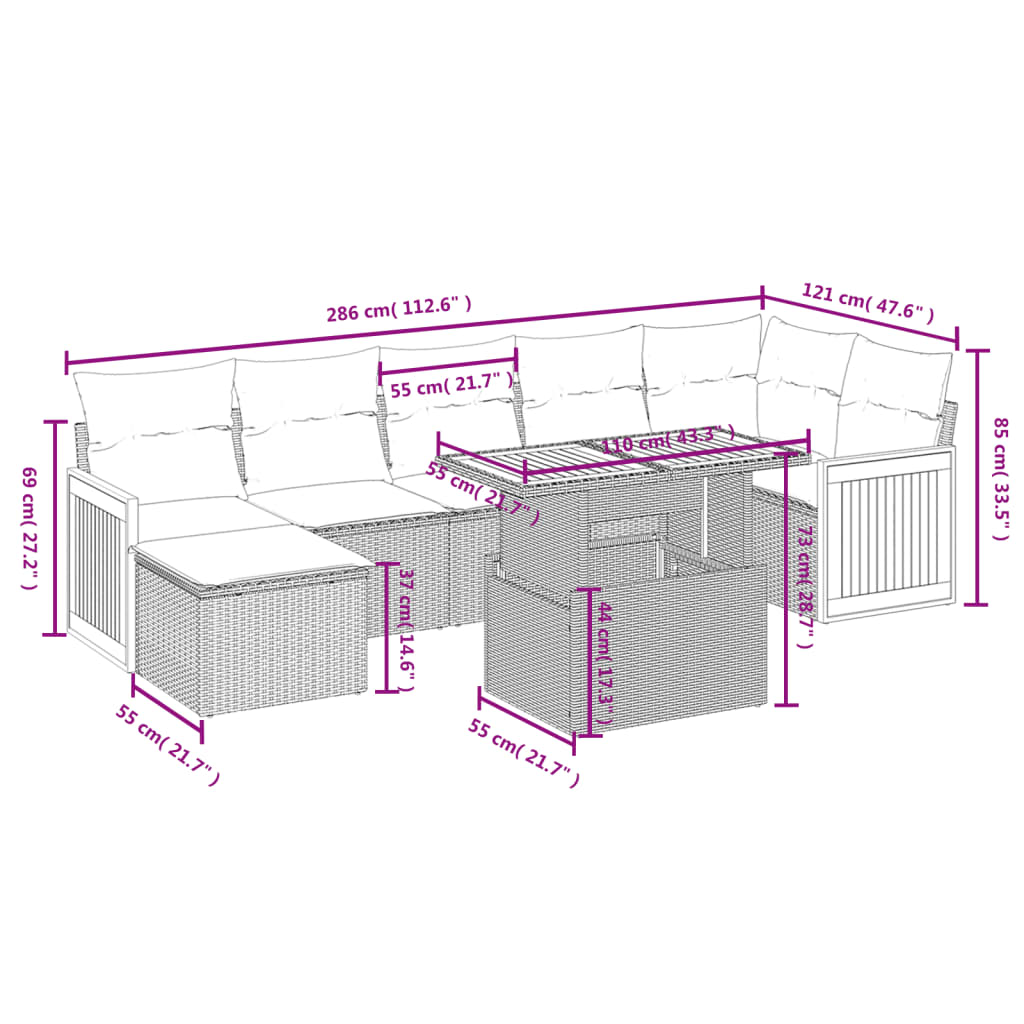 8-tlg. Garten-Sofagarnitur mit Kissen Beige Poly Rattan