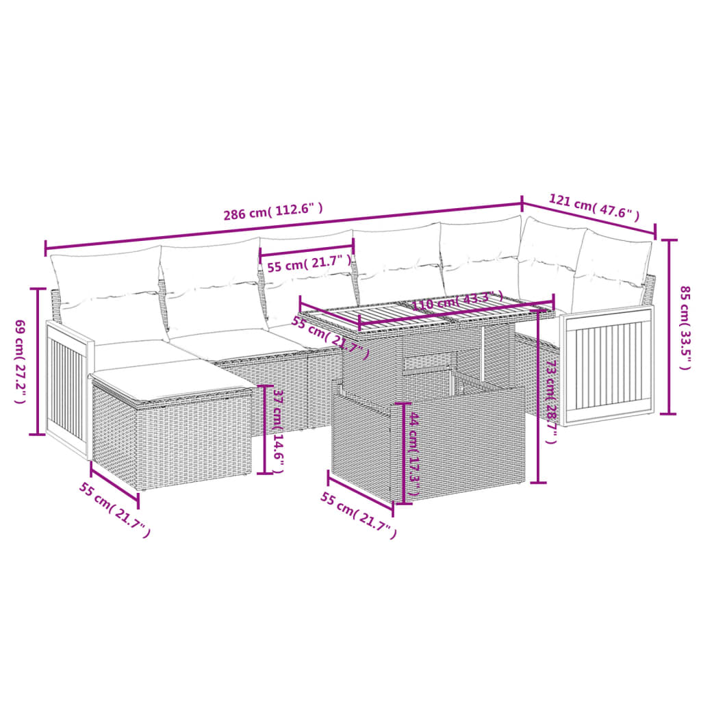 8-piece garden sofa set with cushions, grey poly rattan