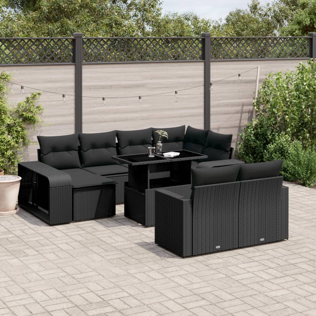 11-piece garden sofa set with cushions, black poly rattan