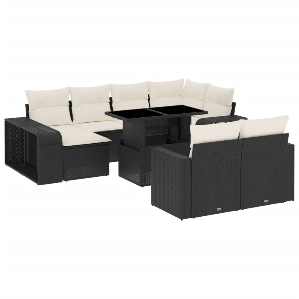 11-piece garden sofa set with cushions, black poly rattan