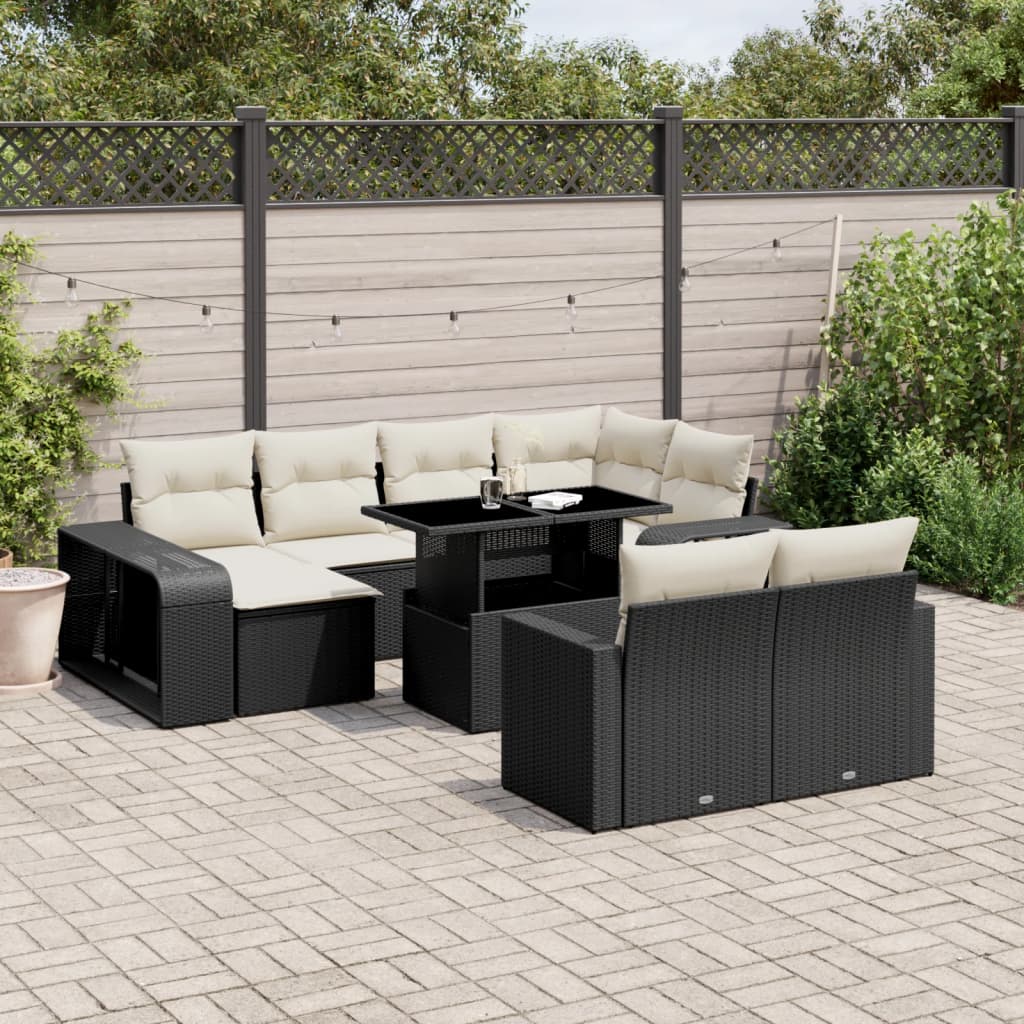 11-piece garden sofa set with cushions, black poly rattan