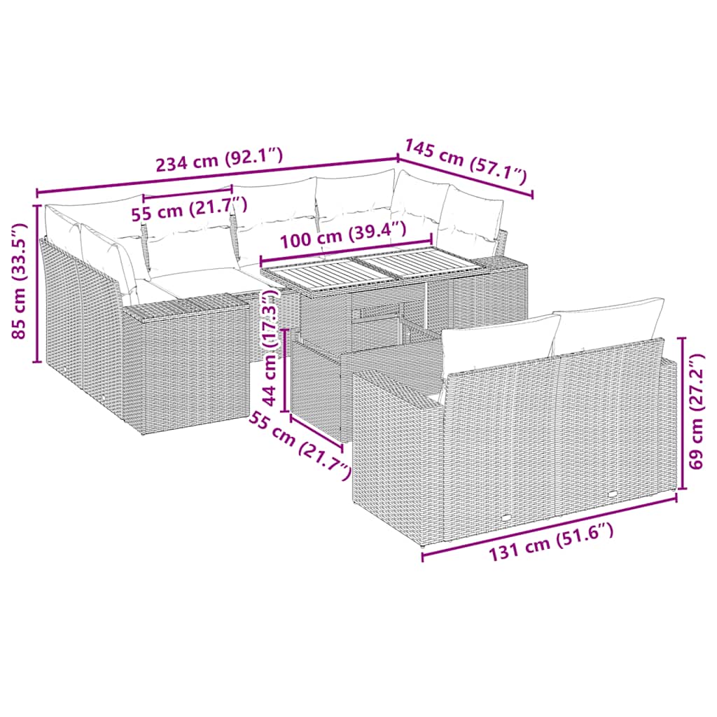 11-tlg. Garten-Sofagarnitur mit Kissen Beige Poly Rattan