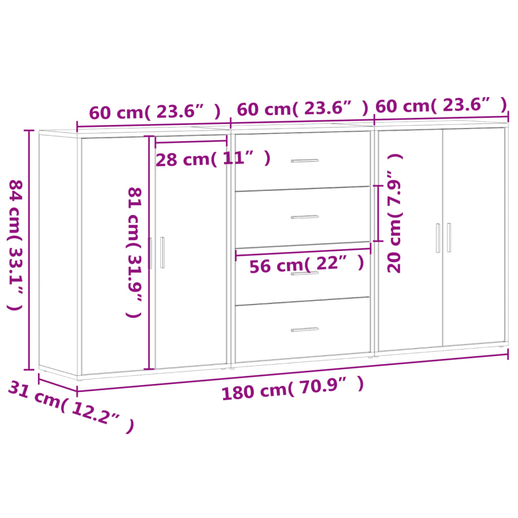 Sideboards 3 pcs. Black 60x31x84 cm wood-based material