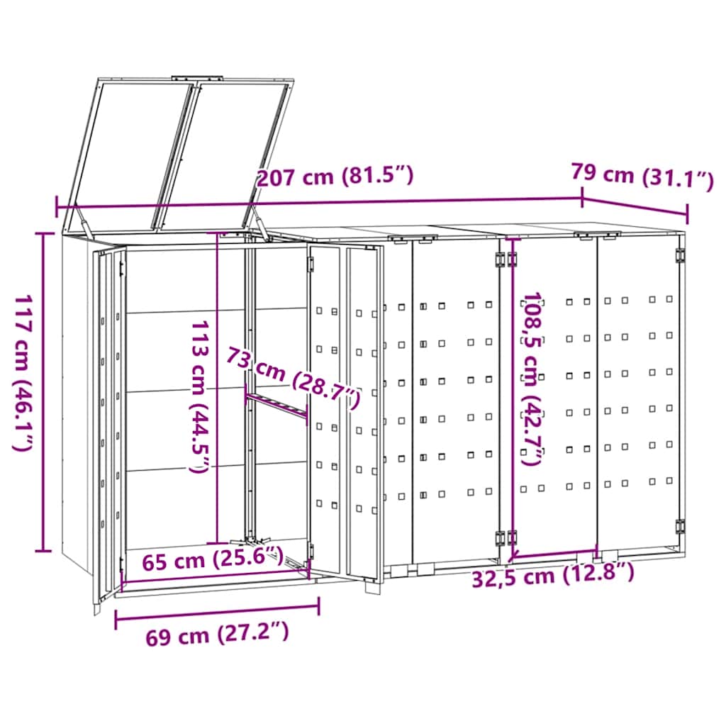 Mülltonnenbox für 3 Tonnen Grau 207x79x117 cm Stahl