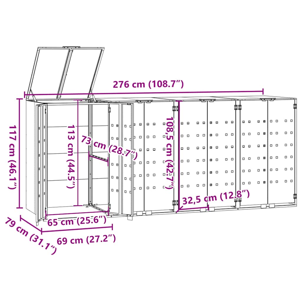 Mülltonnenbox für 4 Tonnen Grau 276x79x117 cm Stahl