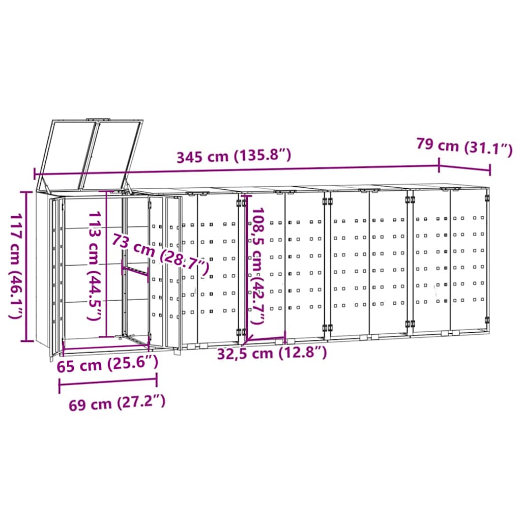 Mülltonnenbox für 5 Tonnen Grau 345x79x117 cm Stahl