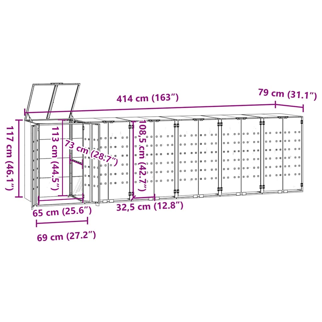 Mülltonnenbox für 6 Tonnen Grau 414x79x117 cm Stahl