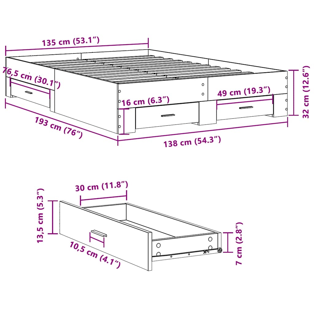 Bettgestell mit Schubladen Betongrau 135x190 cm Holzwerkstoff