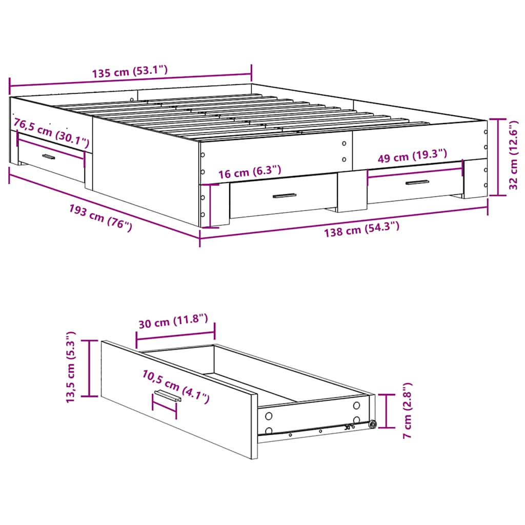 Bettgestell mit Schubladen Grau Sonoma 135x190 cm Holzwerkstoff