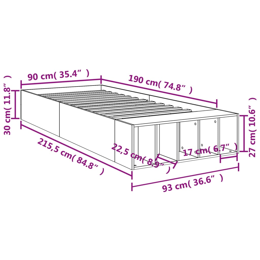 Bed frame Grey Sonoma 90x190 cm wood material
