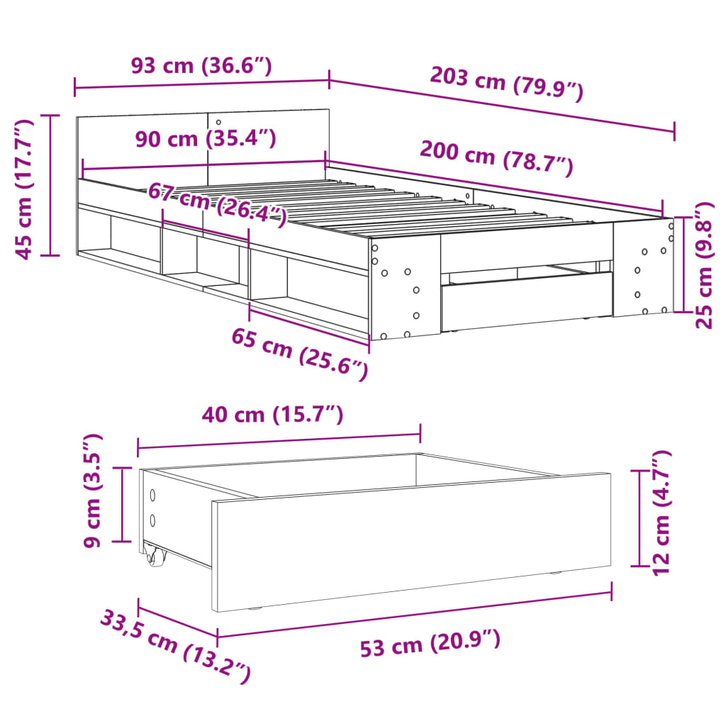 Bed frame with drawer Sonoma oak 90x200 cm wood material
