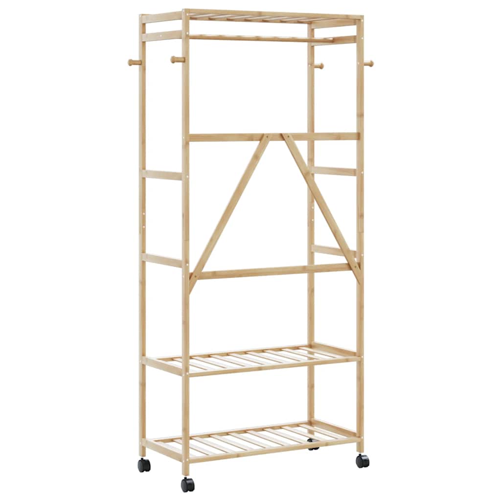 Clothes rack with shelves and wheels 90x40x179.5 cm bamboo