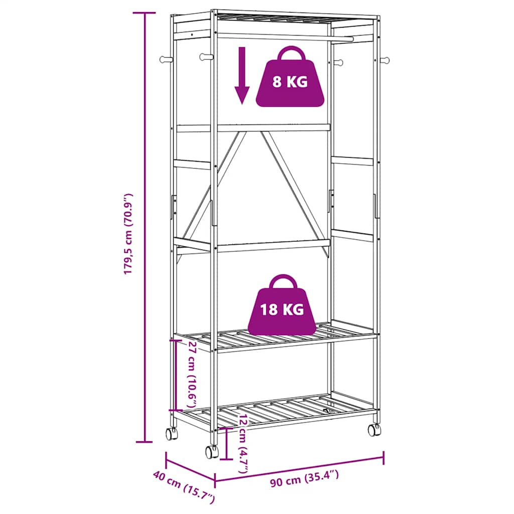 Clothes rack with shelves and wheels 90x40x179.5 cm bamboo