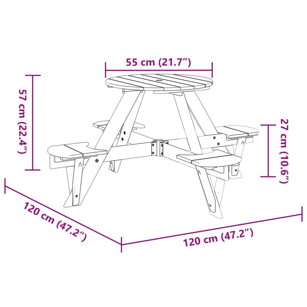Picnic table for 4 children with umbrella hole round solid fir wood