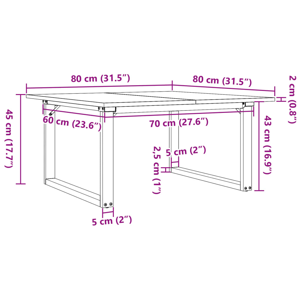 Couchtisch O-Gestell 80x80x45cm Massivholz Kiefer und Stahl
