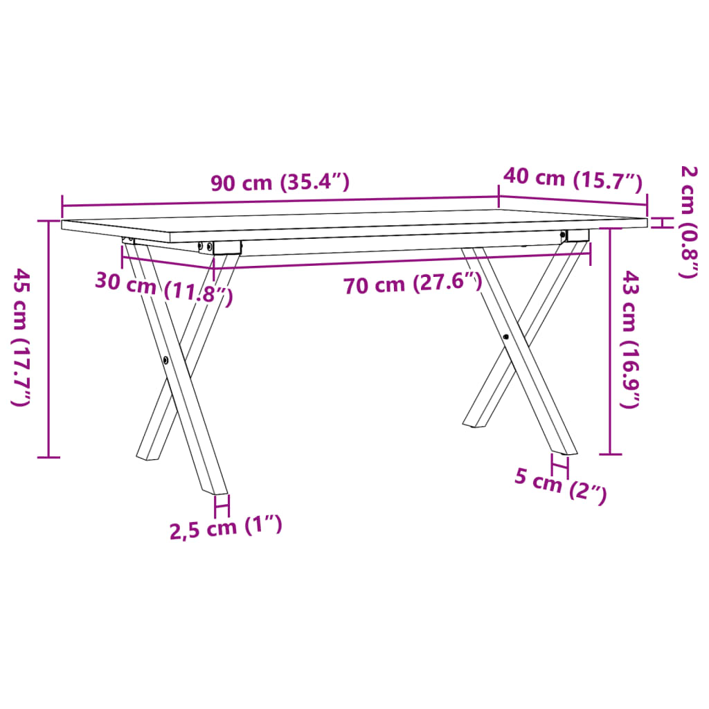 Couchtisch X-Gestell 90x40x45cm Massivholz Kiefer und Stahl