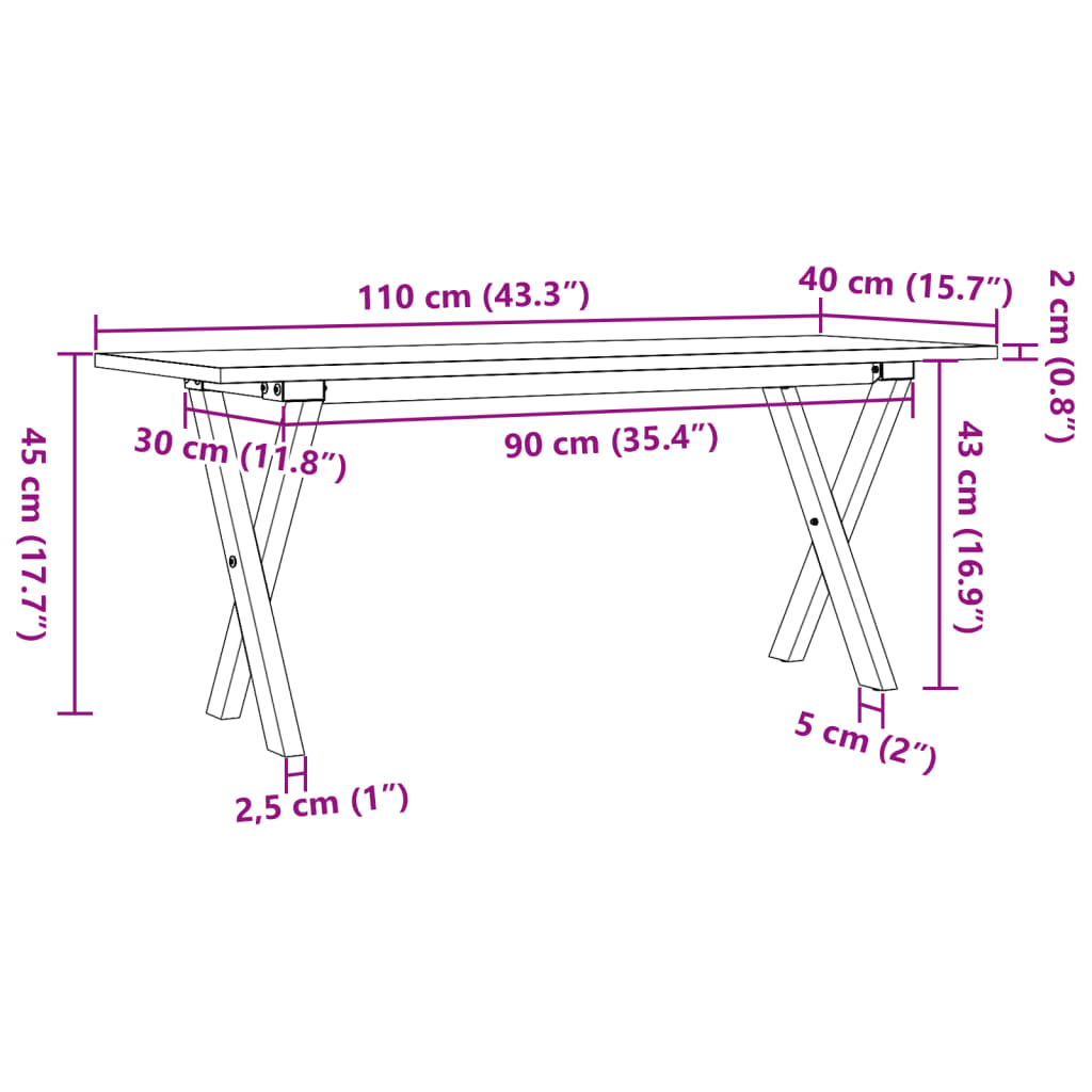 Couchtisch X-Gestell 110x40x45 cm Massivholz Kiefer & Stahl