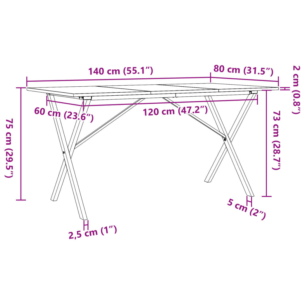 Esstisch X-Gestell 140x80x75 cm Massivholz Kiefer und Stahl