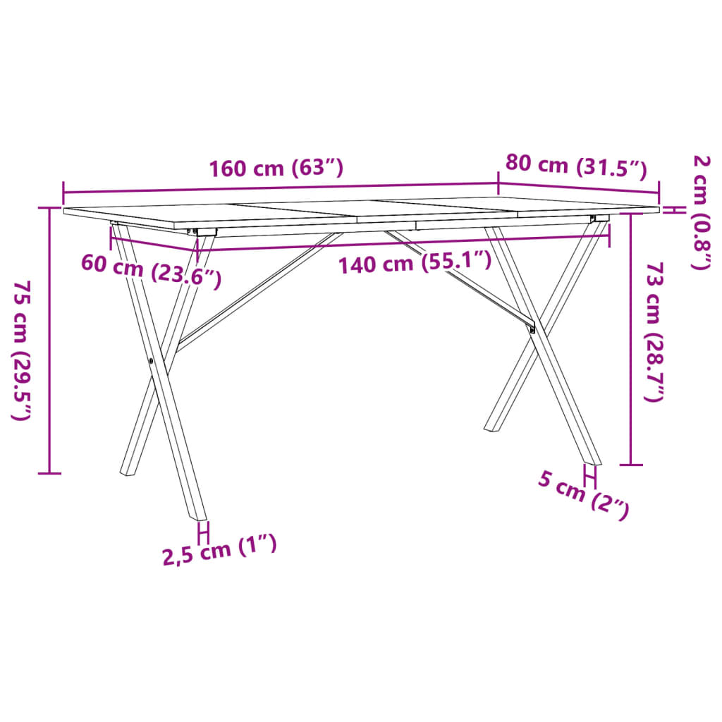 Esstisch X-Gestell 160x80x75 cm Massivholz Kiefer und Stahl