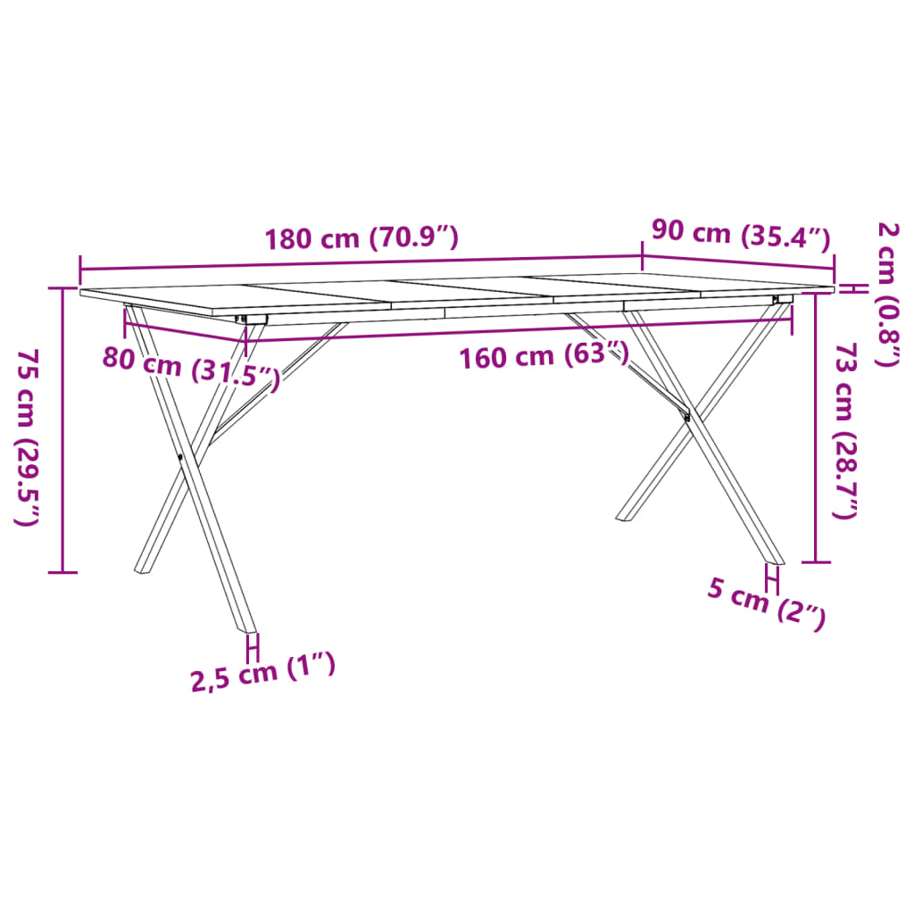 Esstisch X-Gestell 180x90x75 cm Massivholz Kiefer und Stahl