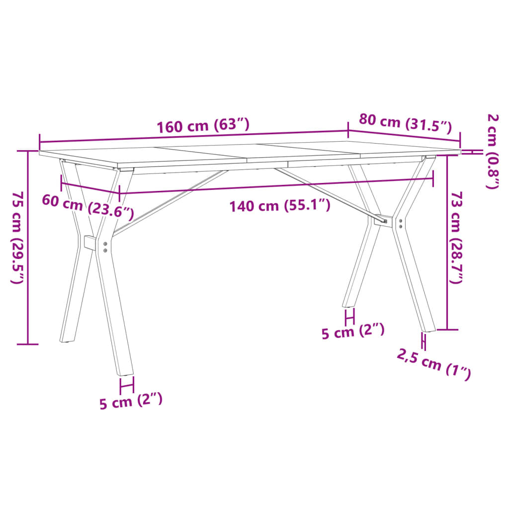 Dining table Y-frame 160x80x75 cm solid pine and steel