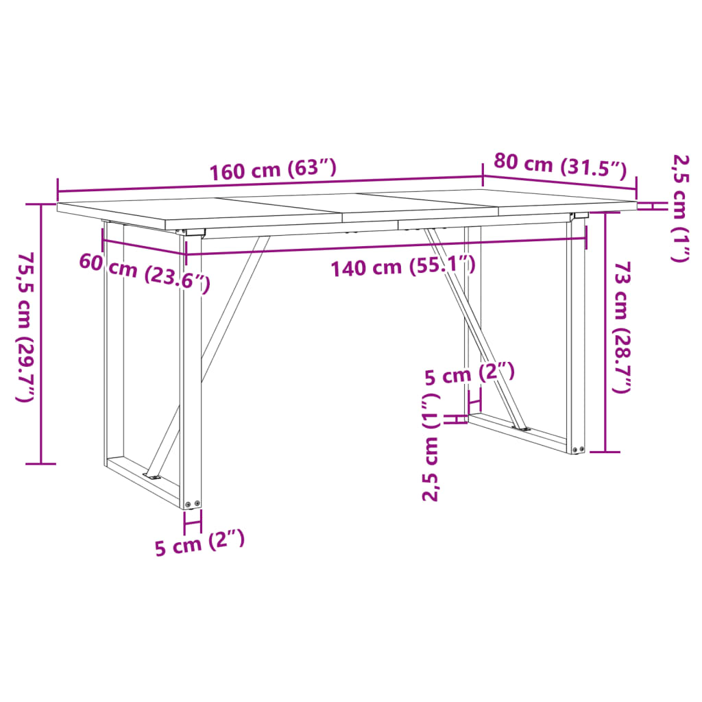 Esstisch O-Gestell 160x80x75,5 cm Massivholz Kiefer & Stahl