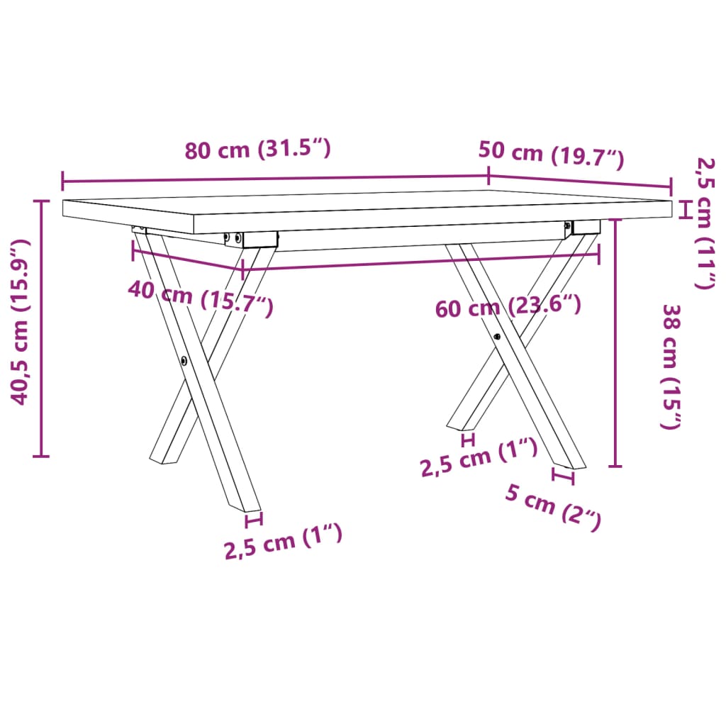 Couchtisch X-Gestell 80x50x40,5cm Massivholz Kiefer & Stahl