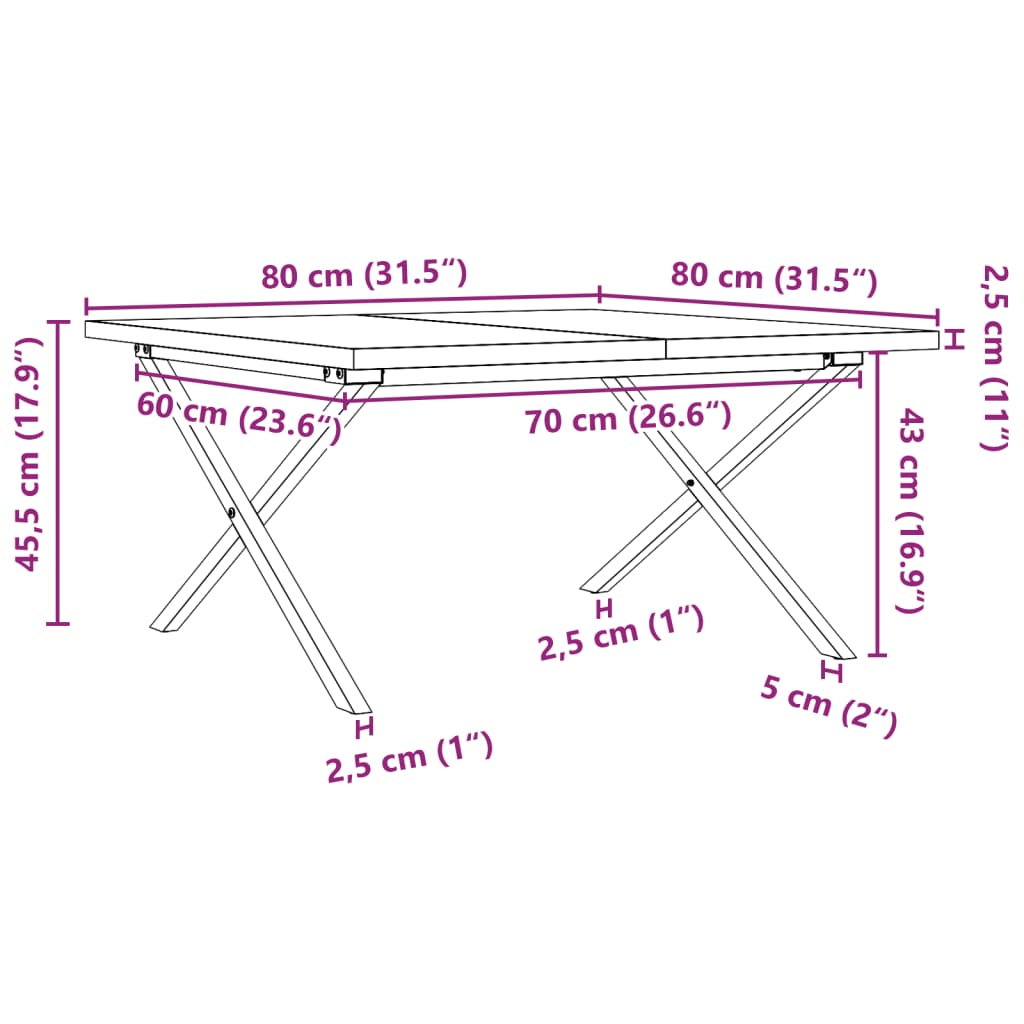 Couchtisch X-Gestell 80x80x45,5cm Massivholz Kiefer & Stahl