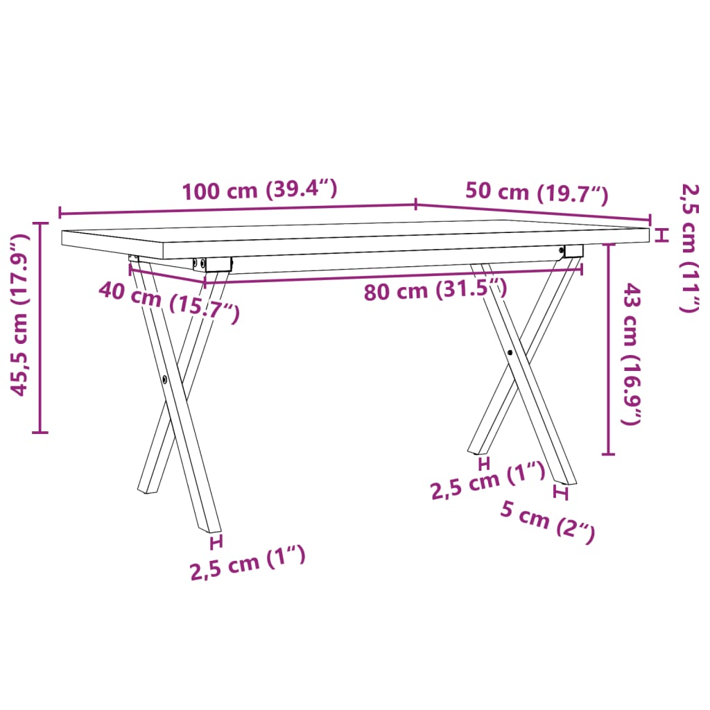 Couchtisch X-Gestell 100x50x45,5 cm Massivholz Kiefer Stahl